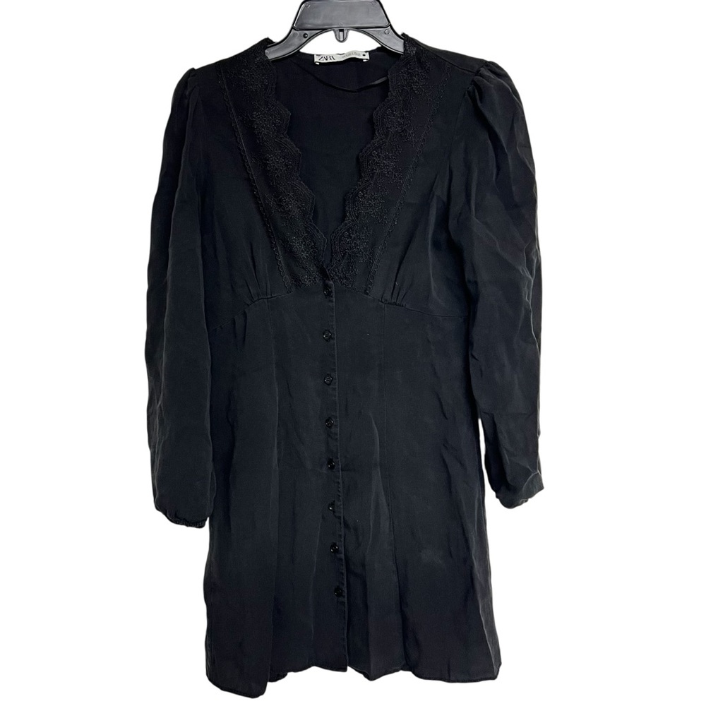 Zara Scalloped Lace Long Sleeve Mini Dress Black Fairy Grunge Gothic Small